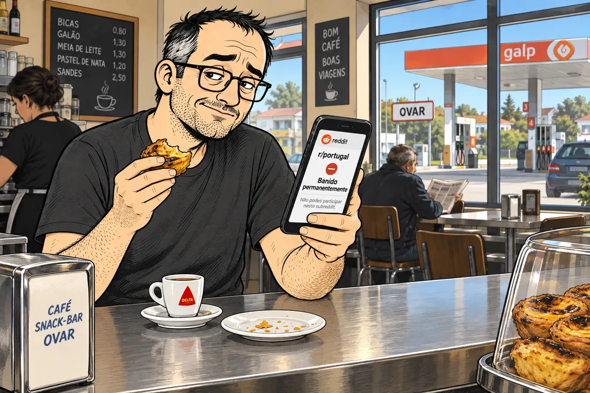 Ilustração de fui banido do r/portugal e a culpa é do pastel de nata