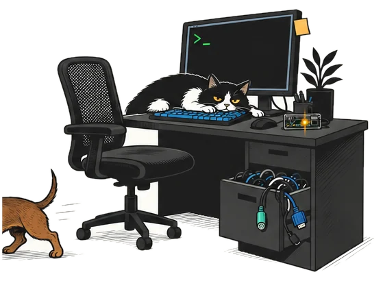 A secretária sem ninguém: a cadeira vazia, o gato no teclado, o ecrã com o prompt, o Max a sair de cena.
