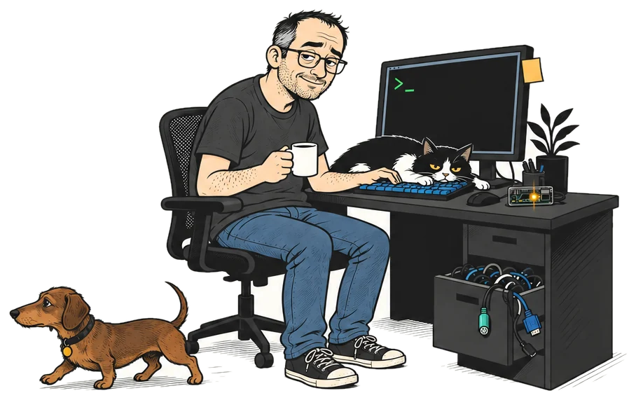 O narrador à secretária com uma caneca, o gato preto e branco deitado no teclado, o Max a passar e a gaveta dos cabos aberta.