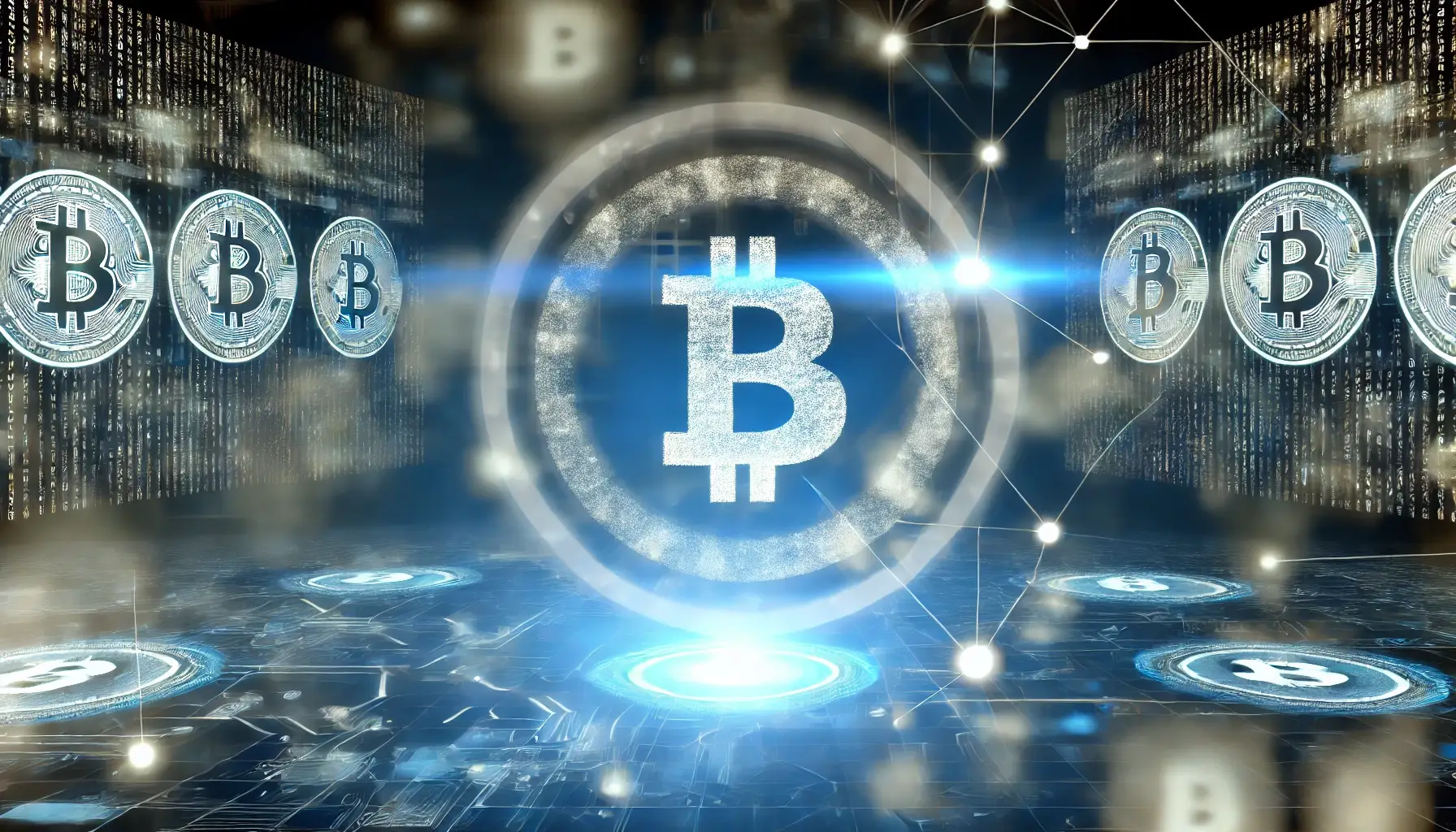 The image depicts Bitcoin on top of a stock market chart, highlighting its increasing market value. The scenes feature a prominent Bitcoin symbol over a rising graph, symbolizing growth and positive financial trends.