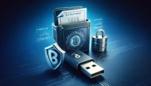 The image depicts a USB drive in the center and a paper with numbers next to it, along with security icons and a futuristic, digital background.