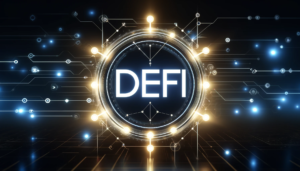 The image depicts DeFi prominently centered and no cryptocurrency symbols, featuring glowing lines and nodes forming a digital network.