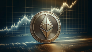 The image depicts an Ethereum coin placed on a stock chart with an upward trending price line.