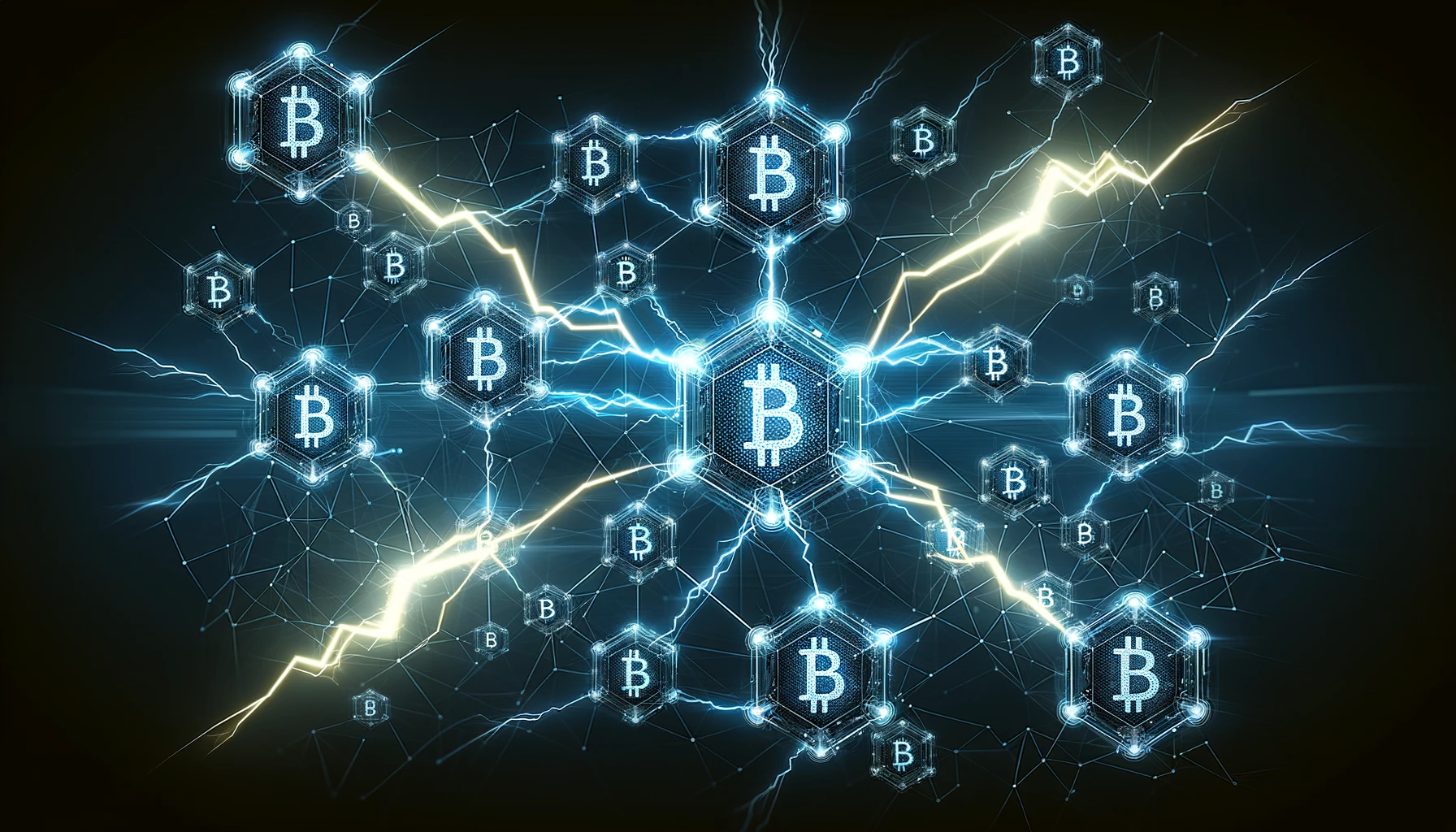 The image depicts the Lightning Network concept, featuring interconnected nodes with bolts of lightning, in a sleek and modern design.