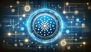 The image depicts the Cardano logo with its original design, surrounded by digital and futuristic elements.