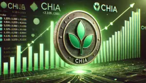 Image featuring the Chia coin with an upward trending stock chart in the background