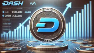 Image featuring the Dash coin and a stock chart showing an upward trend in the background.