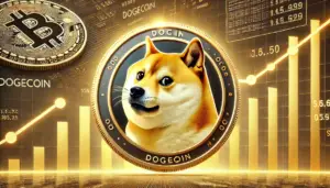 Image featuring the Doge coin with an upward trending stock chart in the background.