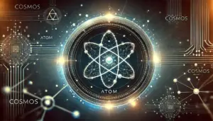 The image depicts the Cosmos (ATOM) logo with a futuristic and digital theme.