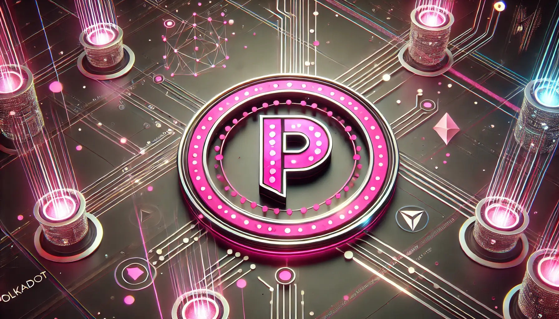 The image depicts the Polkadot logo with a distinctive design, surrounded by digital and futuristic elements.