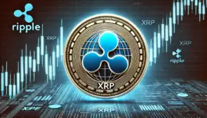 Image featuring the Ripple (XRP) coin with an upward trending stock chart