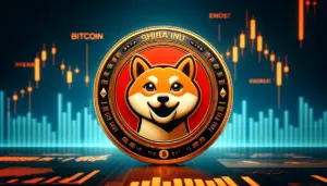 Image featuring the Shiba Inu coin with an upward trending stock chart in the background.