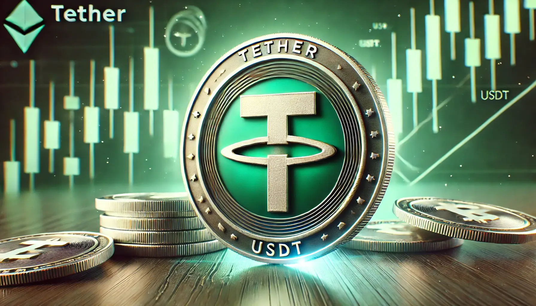 Image featuring the Theter coin with an upward trending stock chart in the background.