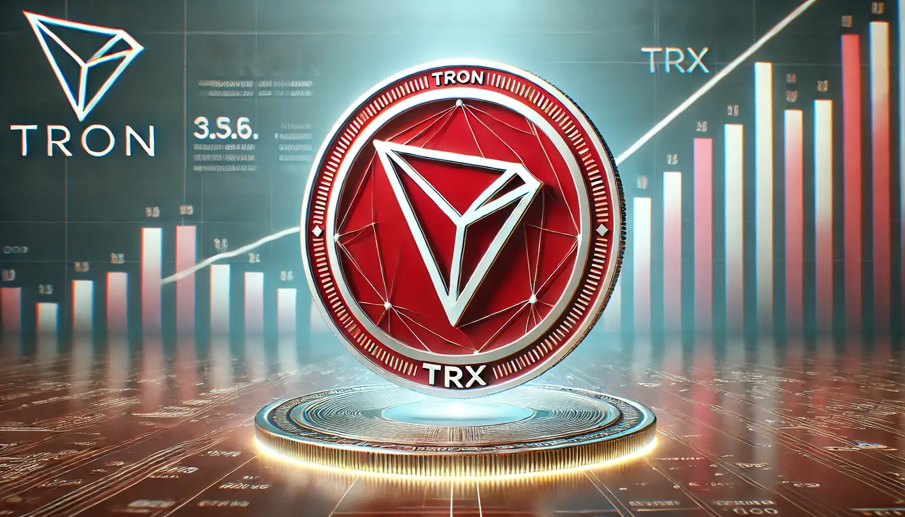 Image featuring the Tron coin with an upward trending stock chart in the background.