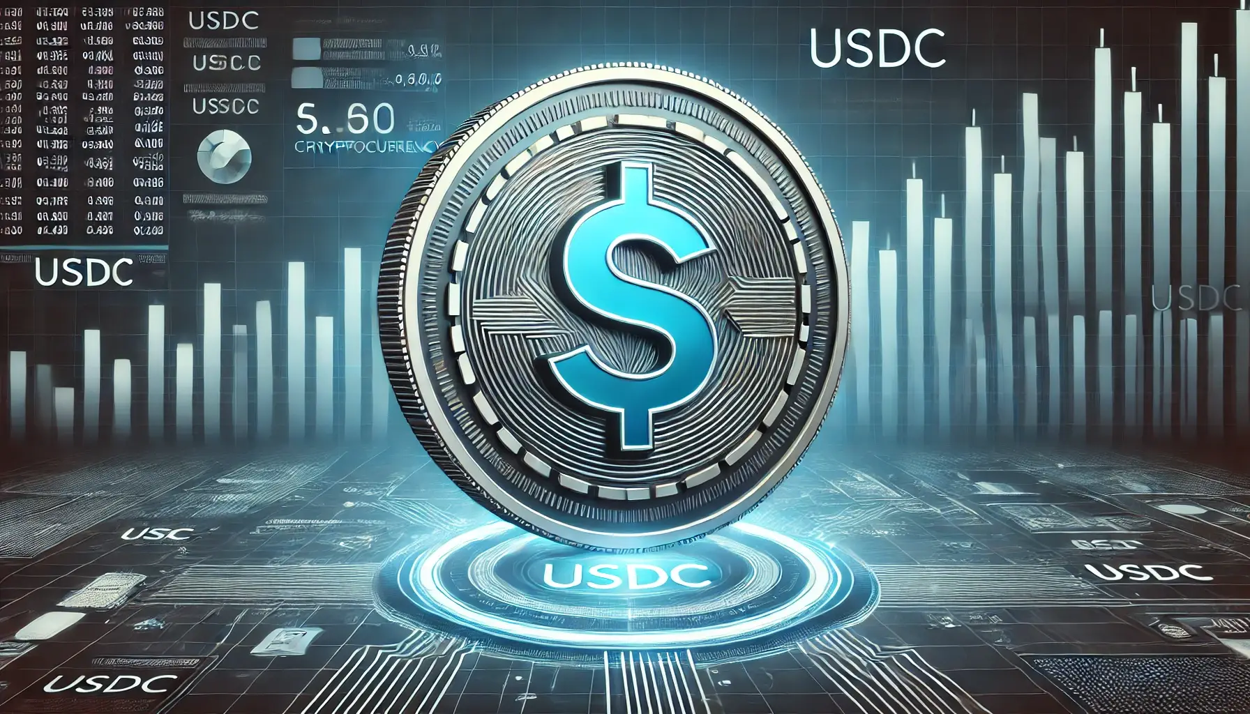 Image featuring the USDC coin with an upward trending stock chart in the background.