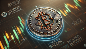 Image featuring the Wrapped Bitcoin coin with an upward trending stock chart in the background.