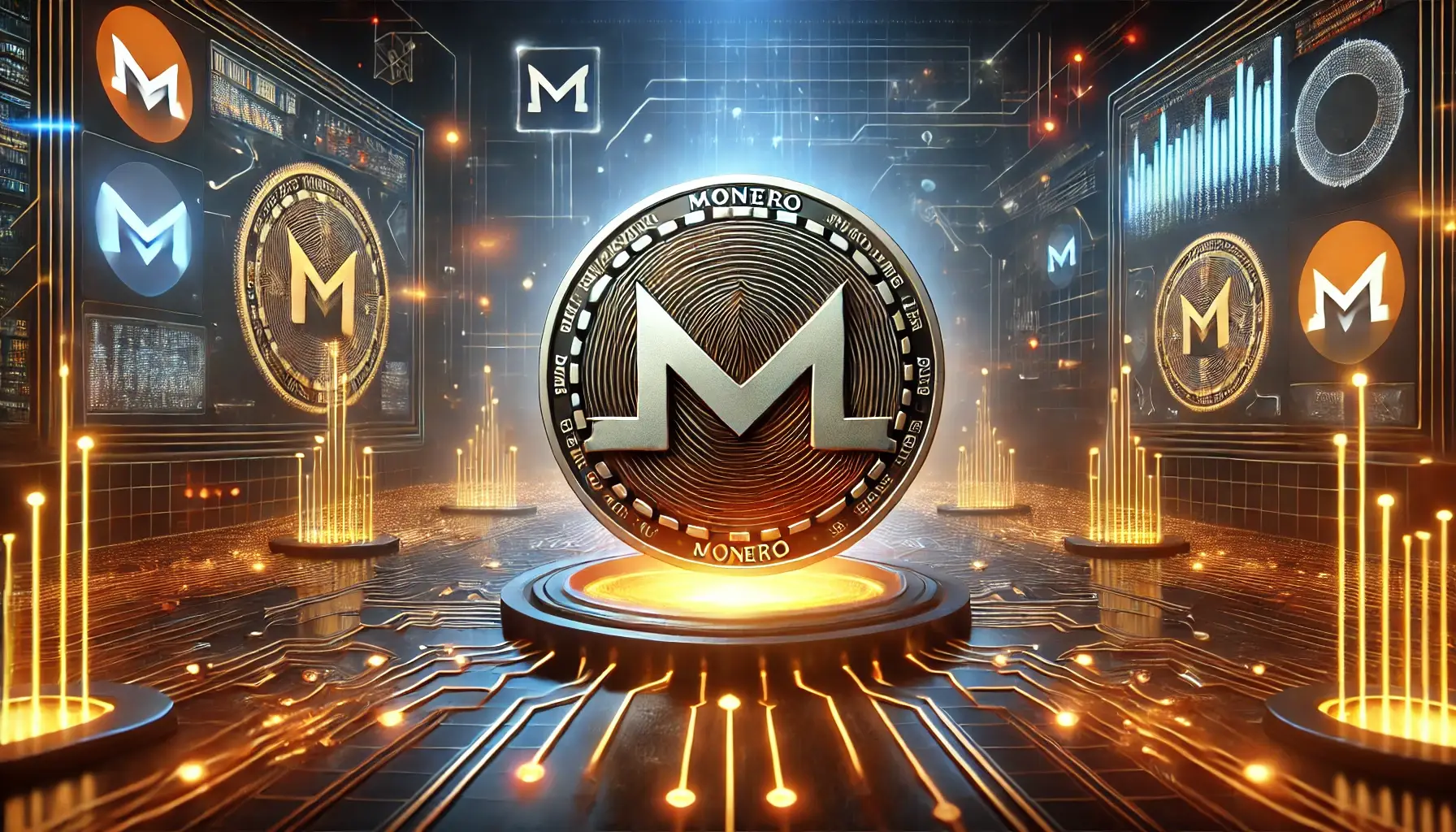 Image focusing on Monero with an emphasis on the original logo colors and a futuristic, technology-inspired background.